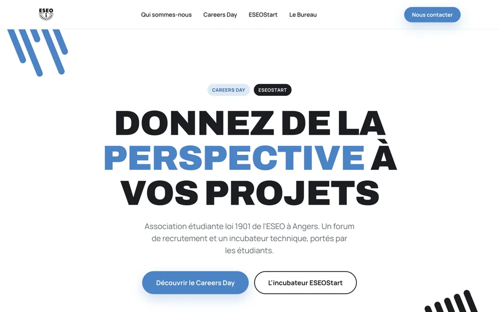 Page d'accueil du site de l'association ESEO Perspectives, à Angers : accroche « Donnez de la perspective à vos projets ».